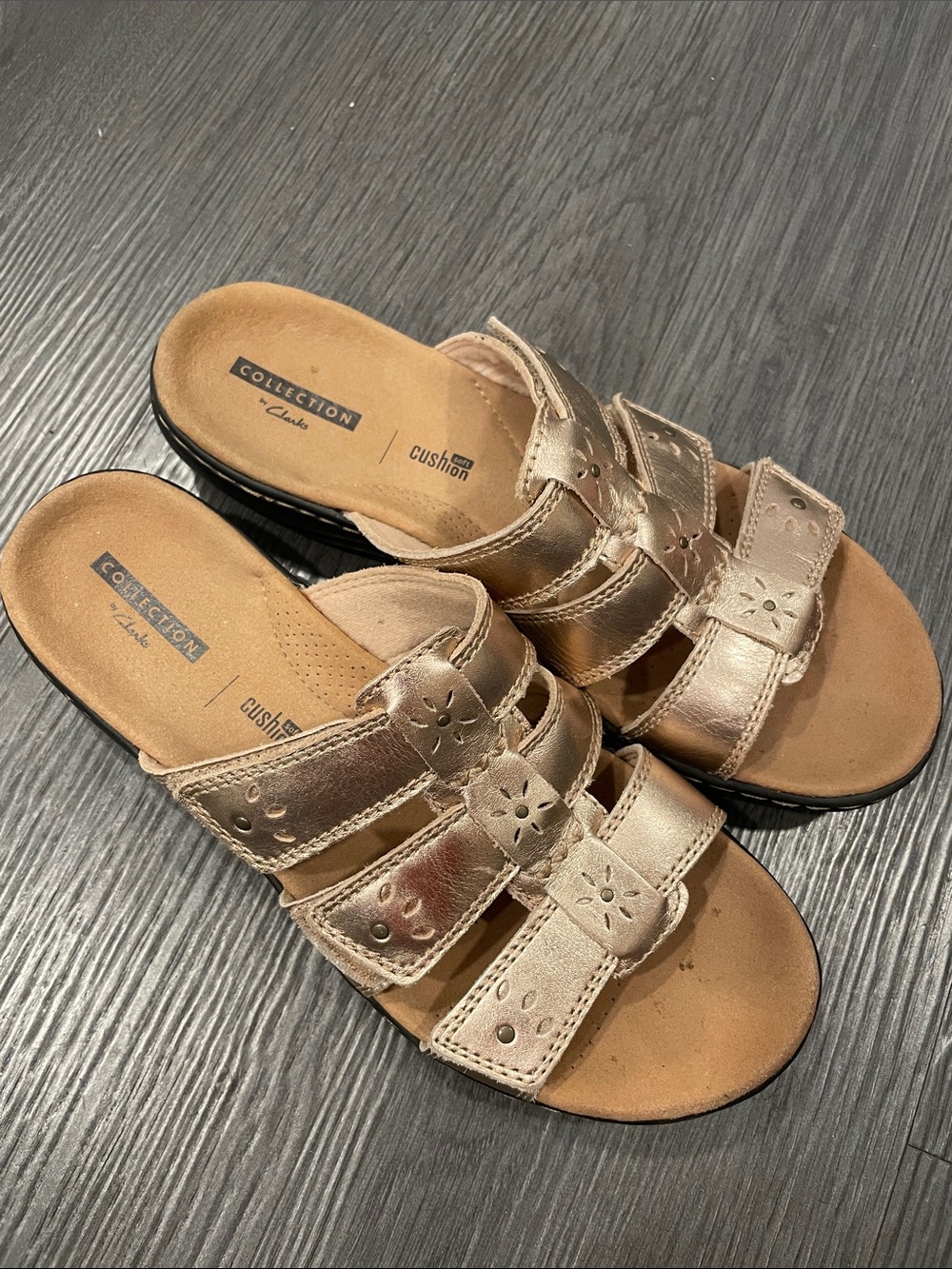 Clarks Metallic Gold Triple-Strap Slide Sandals